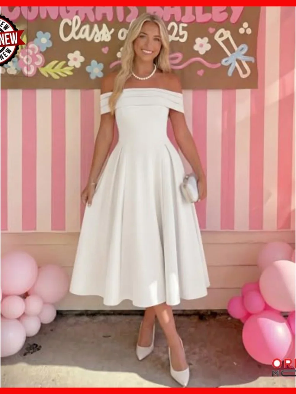 Off Shoulder Short Sleeve Midi Dress Formal Cocktail Party Wedding Guest